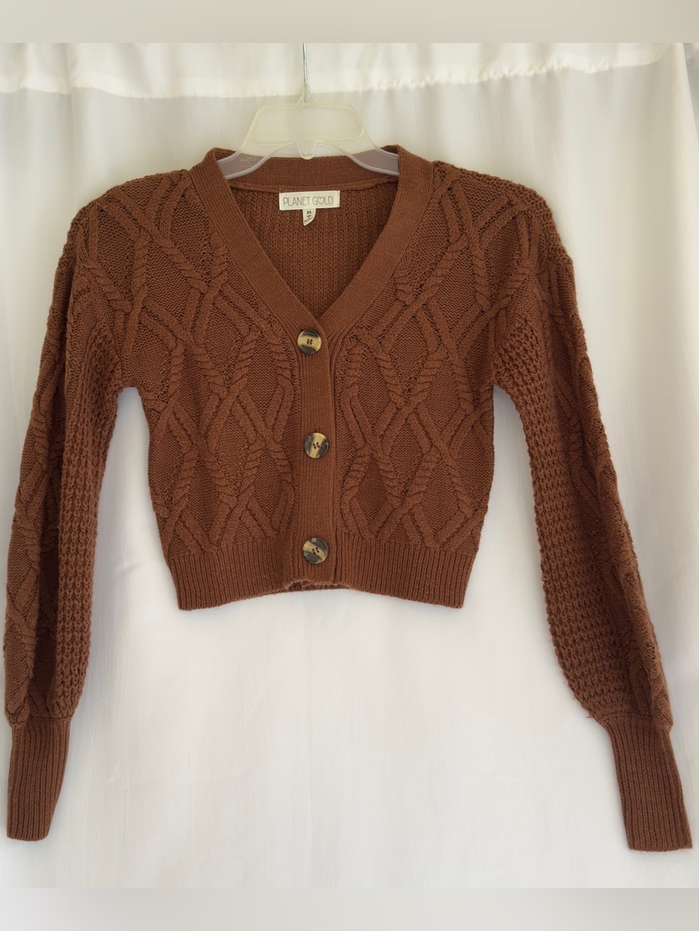 Planet Gold Cropped Brown Cable Knit Cardigan Sweater XS